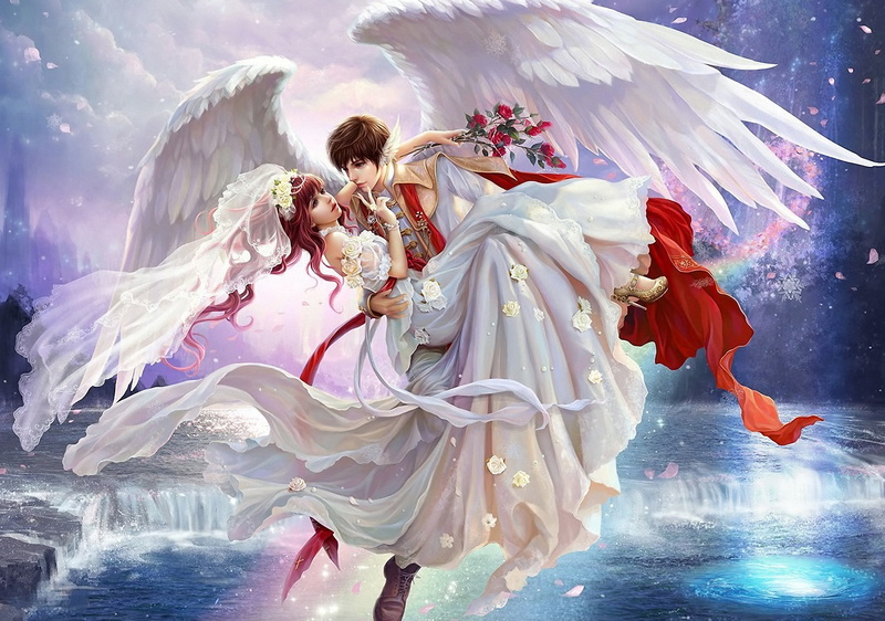 nature, wings, angel, girl, females, positive emotion, veil, emotion, beauty, heterosexual couple, water, waterfall, white, 1080P, beautiful, young adult