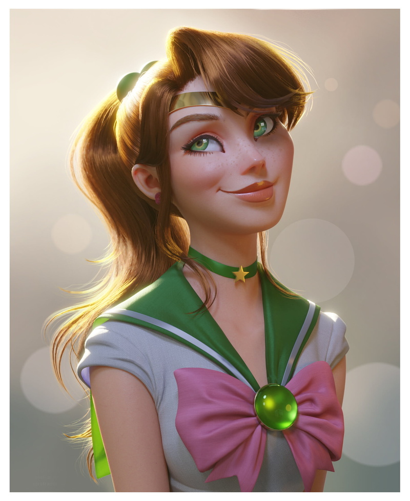 looking away, freckles, artwork, digital art, portrait display, Leandro Franci, ArtStation, Megan Gritzfeld, women, brunette, ponytail, portrait, green eyes