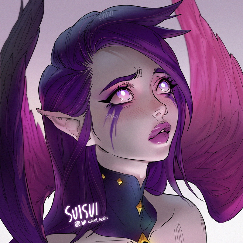 women, elf ears, video game characters, fan art, 1080P, Morgana (League of Legends), digital art, SUISUI, purple eyes, illustration, video games girls