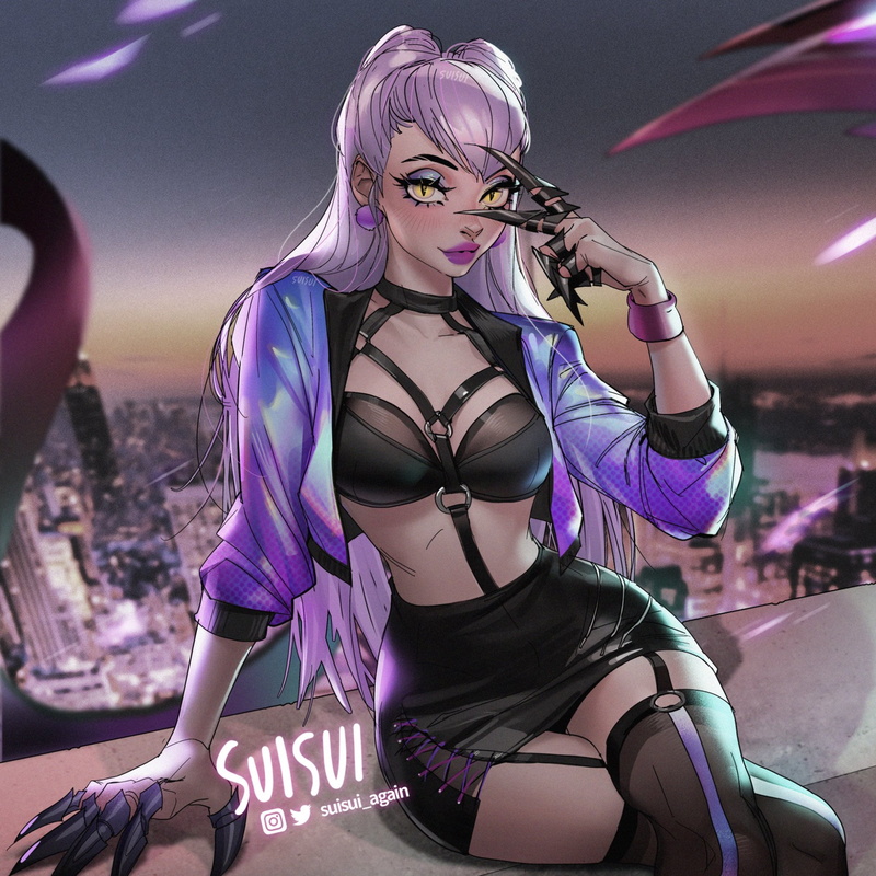 illustration, straps, jacket, women, skirt, SUISUI, fan art, stockings, black stockings, video games girls, yellow eyes, KDA Evelynn, pink hair, bra, 720P