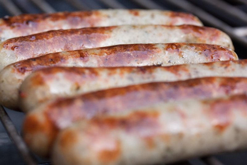 barbecue, no people, cooking, 4K, indoors, grill sausages, freshness, grilled, baked, barbecue Grill, in a row, stainless, roast pork sausage, close-up