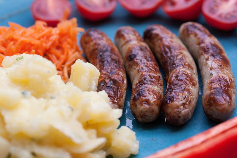 close-up, meal, dinner, meat, food, orange, grill, bratwurst, food and drink, still life, grill sausage, potato salad, vegetable, no people, snack, wellbeing