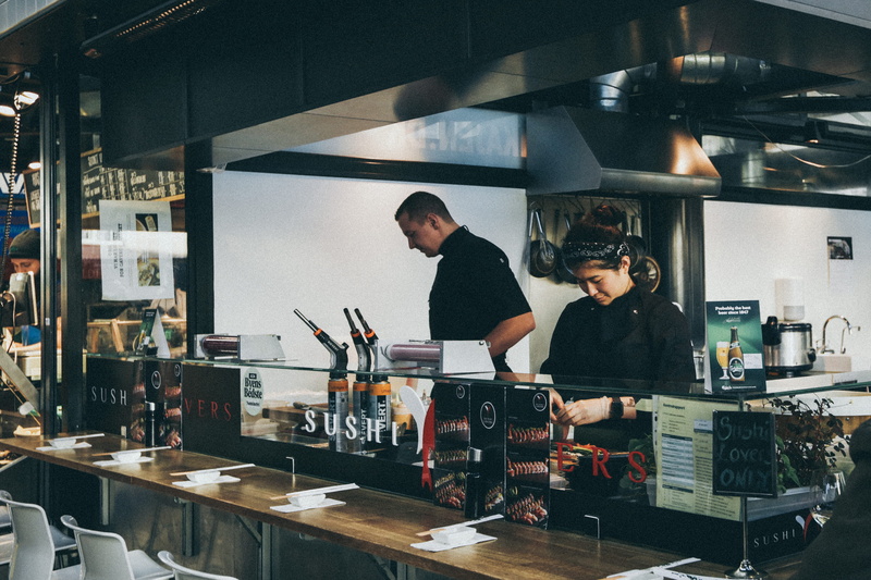two people, cook, males, front view, real people, working, sushi, denmark, kitchen, standing, man, 4K, waist up, occupation, men, young adult, lifestyles