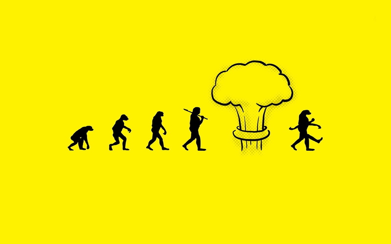 yellow background, 1080P, evolution, digital art, humor, atomic bomb