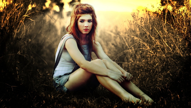 white, looking at camera, nature, photo manipulation, young women, fashion, model, lifestyles, shorts, denim, one person, land, women, depression - sadness