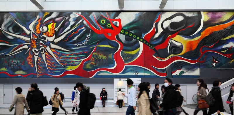 crowd, built structure, architecture, pedestrian passage, building, large group of people, outdoors, lifestyles, building exterior, atomic bomb, wall painting