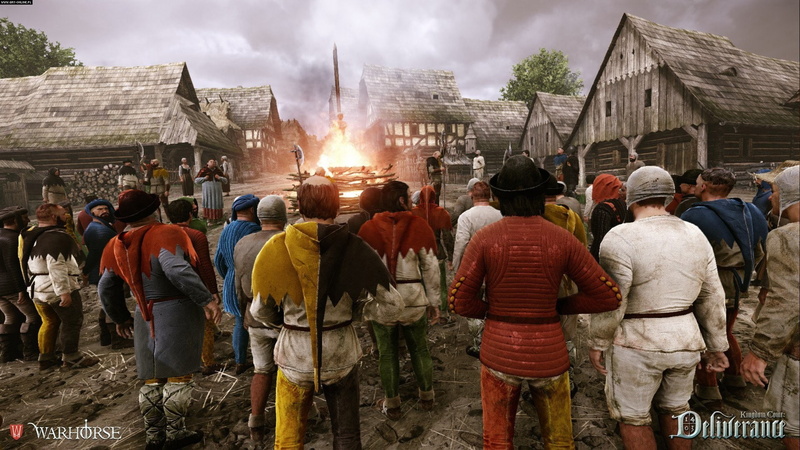 religion, adult, built structure, nature, architecture, men, video games, building, real people, burning, group of people, large group of people, Kingdom Come: Deliverance