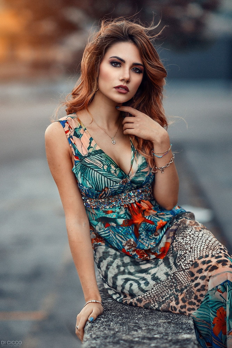 1080P, painted nails, long hair, Flower Dress, brown eyes, Sweet Ary, necklace, dress, wavy hair, pattern, women, bracelets, stone, blue nails, jewelry