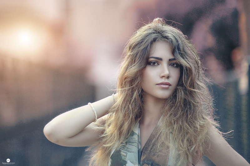 1080P, hands in hair, bracelets, long hair, Sweet Ary, Alessandro Di Cicco, Ombre Hair, curly hair, portrait, dress, city