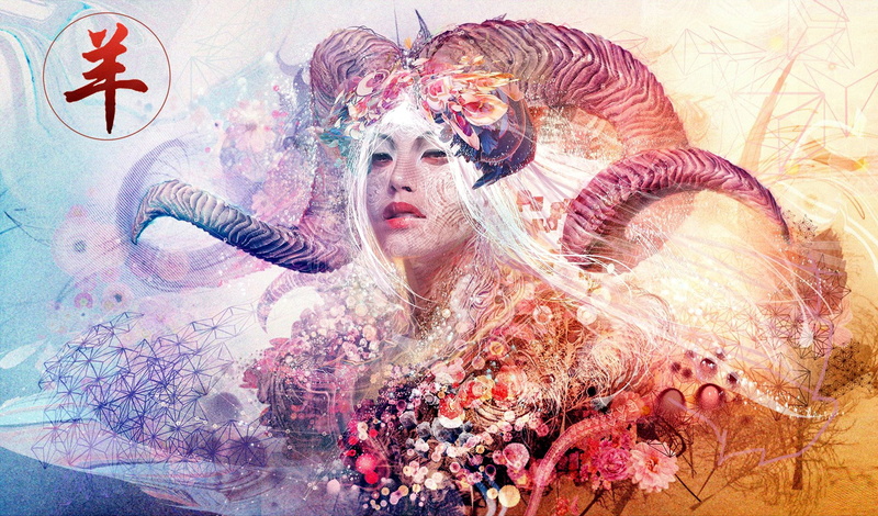 abstract, face, Psychedelic, 1080P, geometric shapes, colorful, Aries, artwork, digital art, asian, rendering, texture, horns, colors, girl, eyes