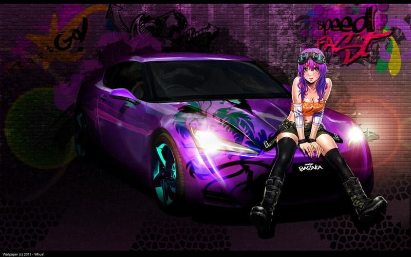 anime, yamashita, cars, thigh, girls, wall, hair, graffiti, highs, 720P, purple, cleavage, shunya, vehicles
