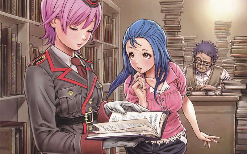 blue, eyes, book, original, 1080P, brown, pink, gloves, gray, tie, green, yamashita, glasses, hair, shunya, uniform