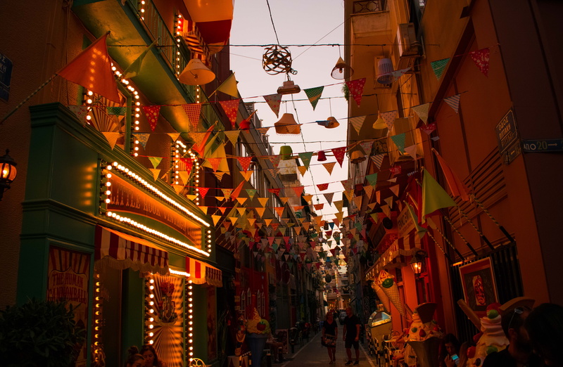 multi colored, athens, outdoors, low angle view, building exterior, 5K, live, little, no people, greece, narrow, city, decorations, streets, night, building