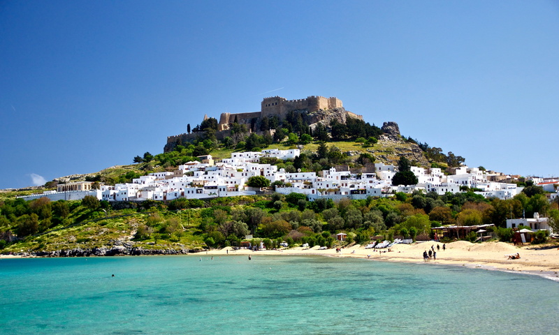 tree, greece, land, sky, body, built structure, ocean, travel, house, sea, waterfront, blue, 4K, outside, near, water, clear sky, vacations, trees, hill