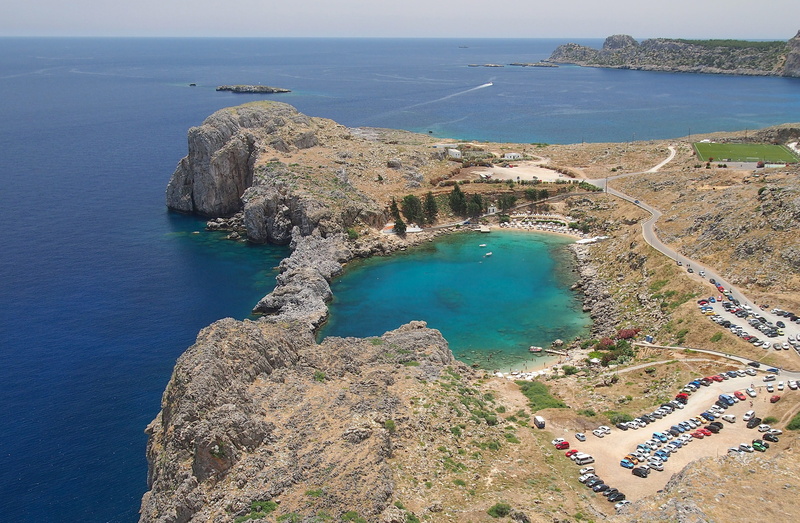 next to lindos, rock - object, tranquility, non-urban scene, land, rhodes, greece, sea, solid, outdoors, landscape, scenics - nature, high angle view, idyllic