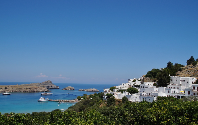 blue, residential district, sea, bay, built structure, plant, outdoors, day, lindos, 2K, greece, greek city, travel destinations, clear sky, scenics - nature