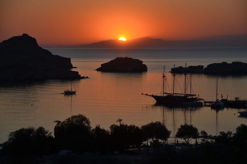 beauty in nature, tranquil scene, rhodes, tree, lindos, dawn, summer, water, sun, nautical vessel, sea, yacht, nature, landscape, transportation, sailboat