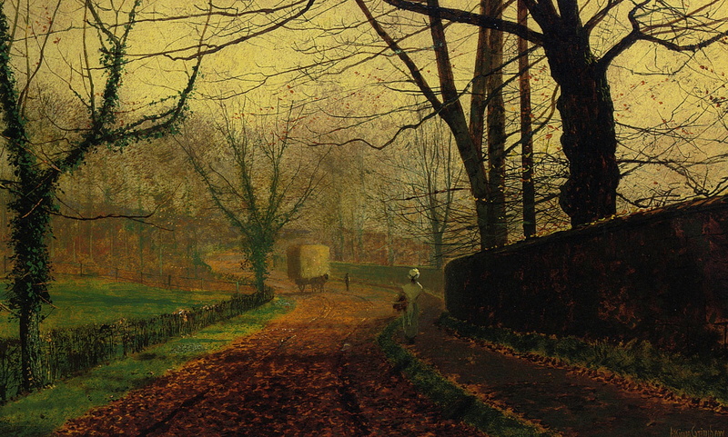 wagon, the fence, street, John Atkinson Grimshaw, landscape, trees, picture, 1080P, Autumn Joy. Park Stapleton