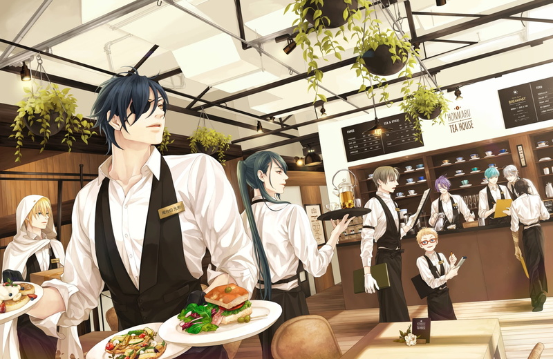 indoors, uniform, Ichigo Hitofuri, table, food and drink, chef, lifestyles, women, clothing, 1080P, Anime, food, men, Tsurumaru Kuninaga, Hakata Toushirou