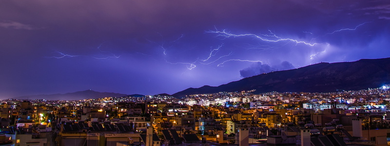illuminated, cloud - sky, outdoors, dusk, weather, mountain, Athens, travel destinations, Storm, built structure, photo, no people, cityscape, overlook