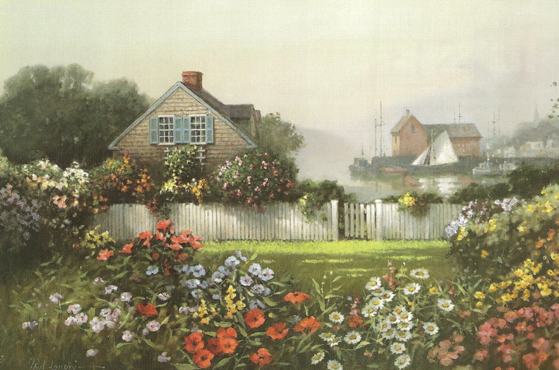 country, sweet, 1080P, cottage, near, house, assorted, flowers, gardens, animals, quaint, little, painting