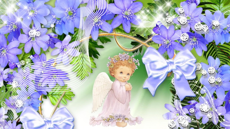 angel, diamonds, purple, sweet, floral, stars, ribbon, 1080P, blue flowers, lilac, gold, sparkles, 3d and abstra
