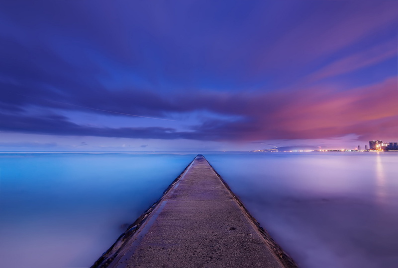 nature, calm, night, coast, shore, Hawaii, dock, tranquility, sky, water, beach, gray, diminishing perspective, USA, lilac, cloud - sky, 1080P, blue, sea