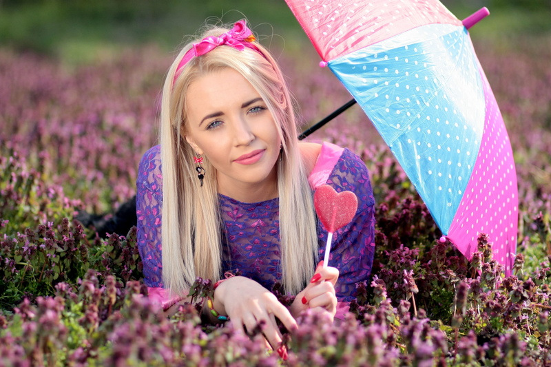 happiness, umbrella, hairstyle, plant, woman, girl, one person, flowering plant, holding, lavender, smiling, coloring, therapy, purple, blond hair, blue eyes