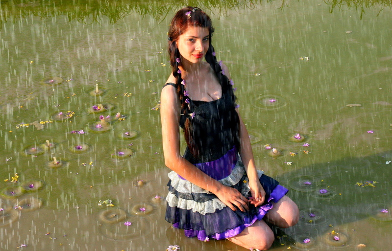 long hair, beautiful woman, hairstyle, plant, rain, adult, brown hair, 2K, water, hair, mov, story, grass, contemplation, three quarter length, women