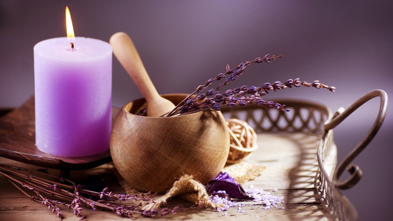 candle, wood - material, purple, mortar, table, nature, wellbeing, container, burning, food and drink, fire, flower, close-up, 1080P, indoors, no people