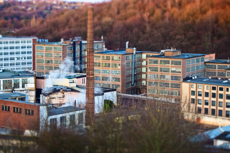 city, chimney, residential district, high angle view, industrial building, water, no people, miniature effect, industry, day, factory building, hall, transportation