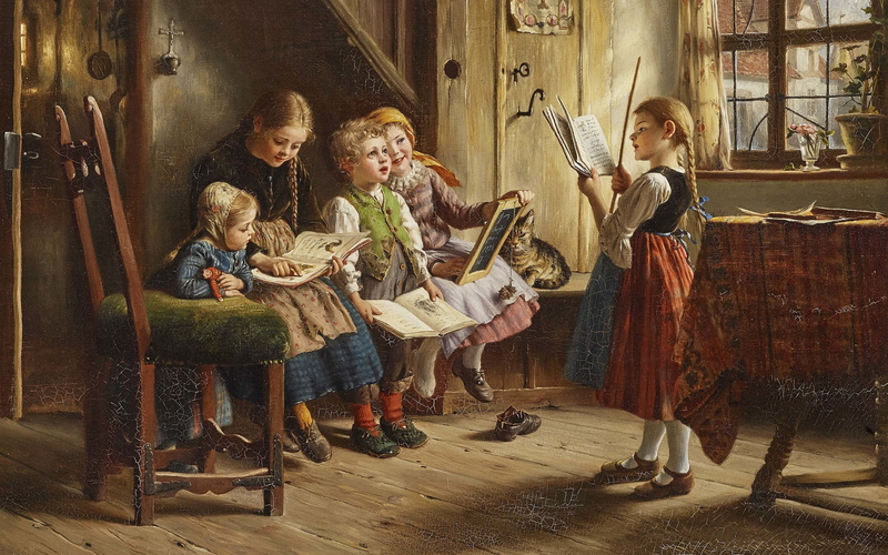 2K, Five children playing in the school, Childrens School, Wilhelm Schütze, Five children playing to be at school, Johann Wilhelm Schütze, Children School
