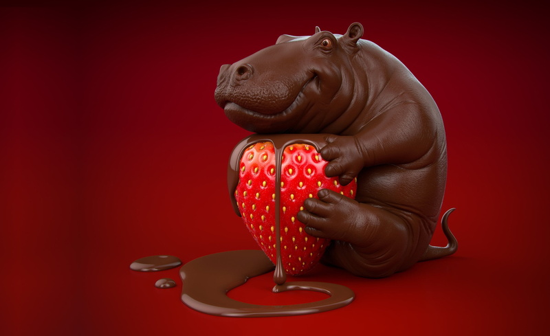 food, 1080P, yummy, the sweetness, berry, Chocolate hippo, Victoria, chocolate, mood, rendering, Kappl, Jirka Krivanek, Hippo, strawberry