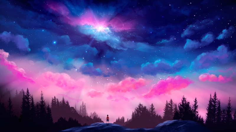 blue, children, 4K, digital art, standing, landscape, nature, clouds, sky, space, forest, trees, artwork, stars, colorful, lights