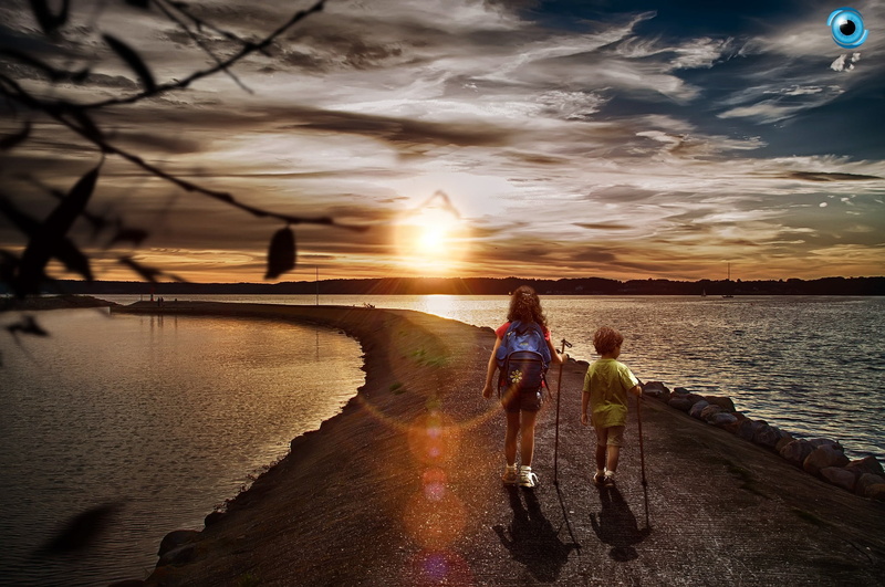 children, lifestyles, sunset, bonding, back, summer, road, kids, landscape panorama, branch, sky, adult, beauty in nature, real people, horizon, cycling