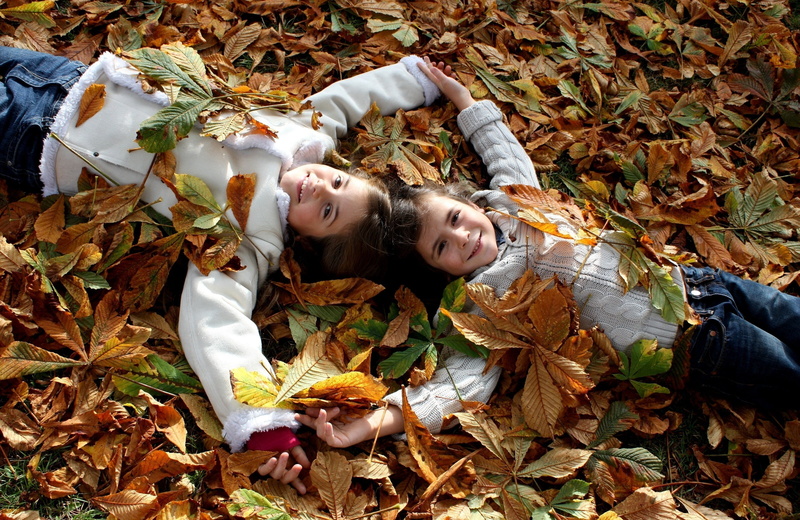 joy, outdoors, females, teenager, change, girls, high angle view, leaves, children, adult, down, enjoyment, color Image, child, relaxation, lying On Back