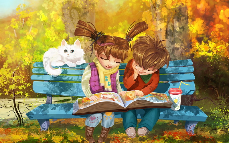outdoors, yellow, domestic, domestic animals, book, child, canine, girls, sitting, autumn, women, boy, 1080P, copil, dog, friendship, :-), children, pisici