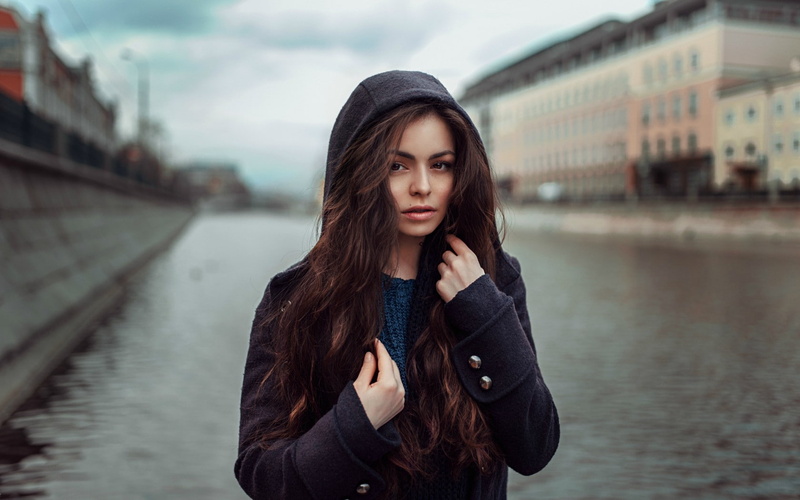 women, 720P, black coat, sweater, hoods, model, river, portrait