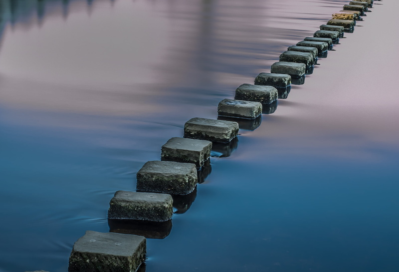 walkway, 1080P, Stepping stones, Reflection, lake, Bolton Abbey, nature, Long Exposure, blue, concrete, Water, River Wharfe, blues, gray, Yorkshire dales