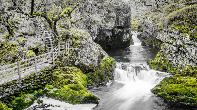 waterfall, view, selective colour, tree, river, winter, dales, outdoors, yorkshire, power in nature, 5K, path, forest, scenics - nature, day, fence, rock formation