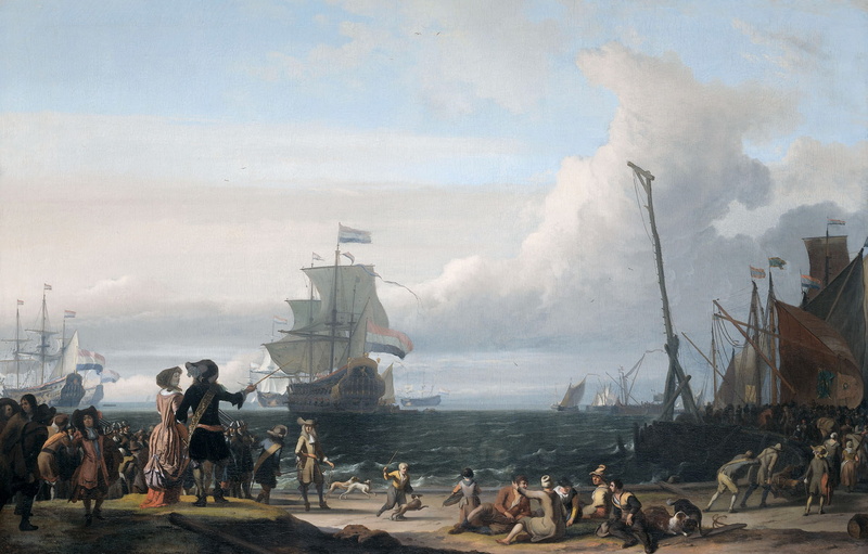 Ludolf Bakhuizen, landscape, 1080P, Dutch Ships at anchorage at Texel, picture, people