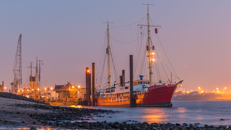 waters, mode of transportation, elbe, boot, outdoors, transportation, container, sunset, business, port, cranes, coast, water, sea, night, red, hamburg