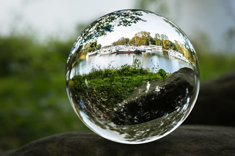 rest, close-up, immobile, 5K, reflection, ships, crystal ball, outdoors, boats, tree, day, glass ball, nature, photo sphere, green color, no people, sphere