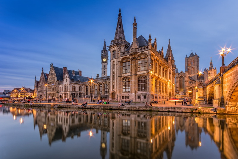 sky, dusk, history, religion, waterfront, travel destinations, spire, built structure, water, city, tourism, nature, building exterior, Belgium, no people