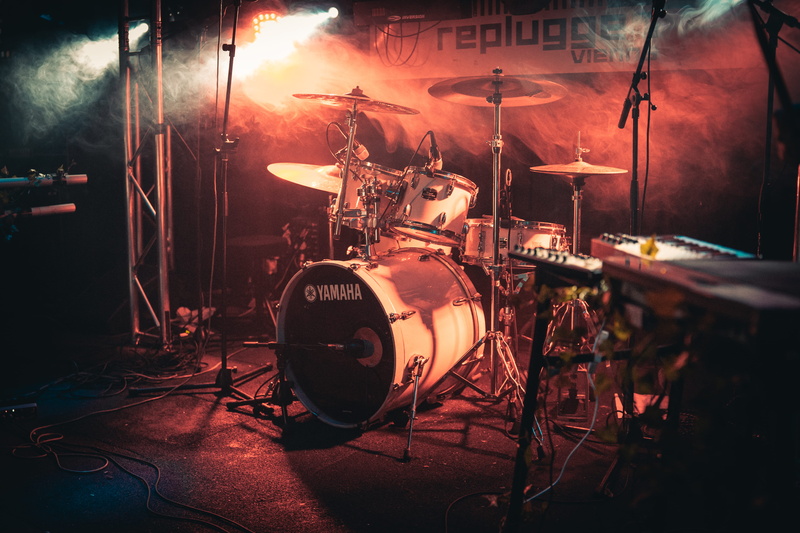 performance, stage, musical equipment, music, guitar, drum - percussion instrument, absence, equipment, white, microphone, nightlife, concert, input device