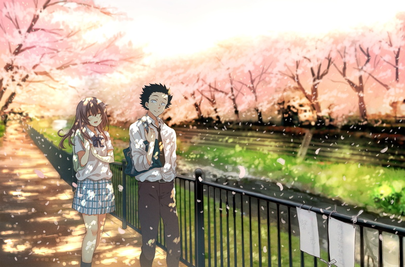 women, Anime, springtime, 1080P, beauty in nature, ishida shouya, railing, full length, cherry blossom, plant, positive emotion, people, day, child, sister