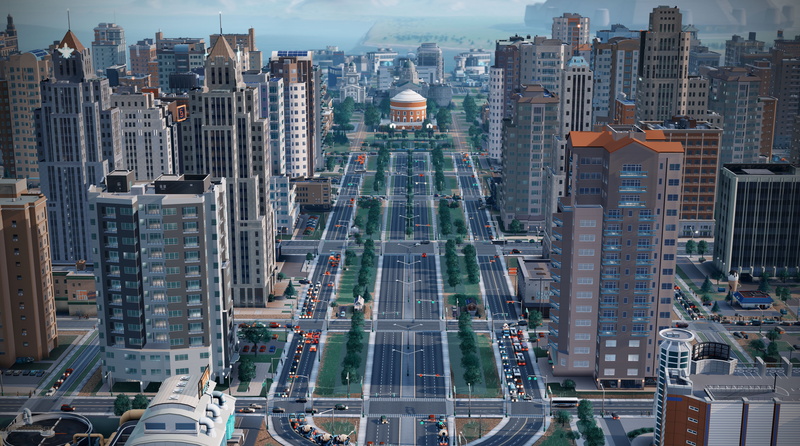 simcity, city, built structure, motor vehicle, office building exterior, no people, land vehicle, outdoors, car, Games, construction, architecture, cityscape