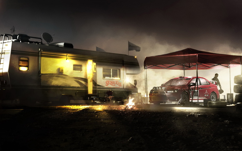 lights, Colin McRae: Dirt 2, machine, night, tires, trailer, 1080P, canopy, people