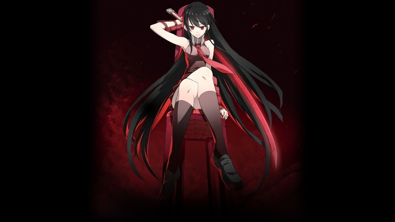 Socks, Katana, Chair, Dress, Anime, 1080P, Akame ga Kill!, Long Hair, Red Eyes, Akame (Akame Ga Kill!), Girl, Weapon, Tie, Sitting, Black Hair