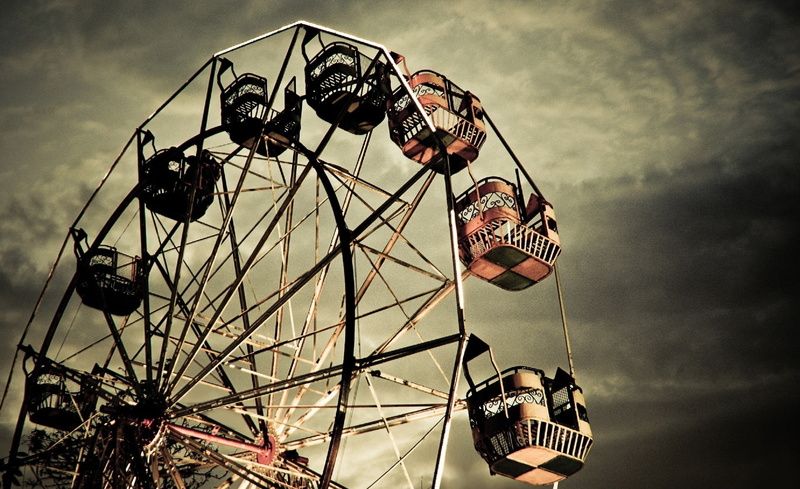 no people, spinning, nature, wheel, arts culture and entertainment, sky, hanging, ferris, low angle view, Vintage, amusement park ride, gray, amusement park